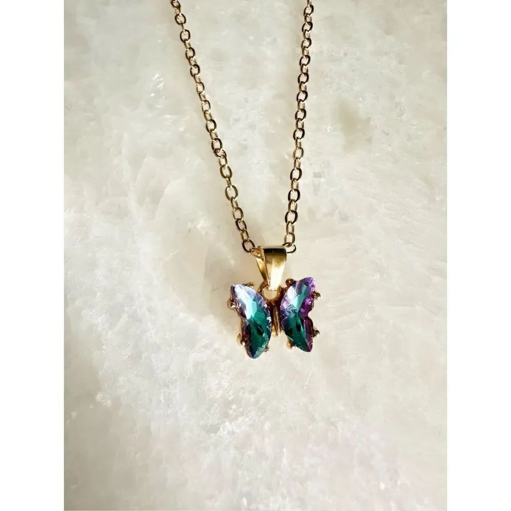Iridescent Aqua and gold color butterfly pendant necklace